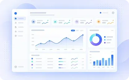 Business dashboard with activity trends, a breakdown chart, and performance bars.
