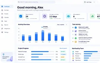 Business dashboard showing activity, tasks, projects, and team workload.